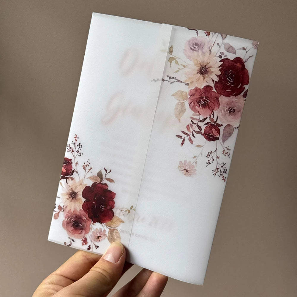 20pcs Watercolor flower Vellum  Wrap suitable for a 5 x 7 Wedding Invitation,vellum jacket,custom invitation