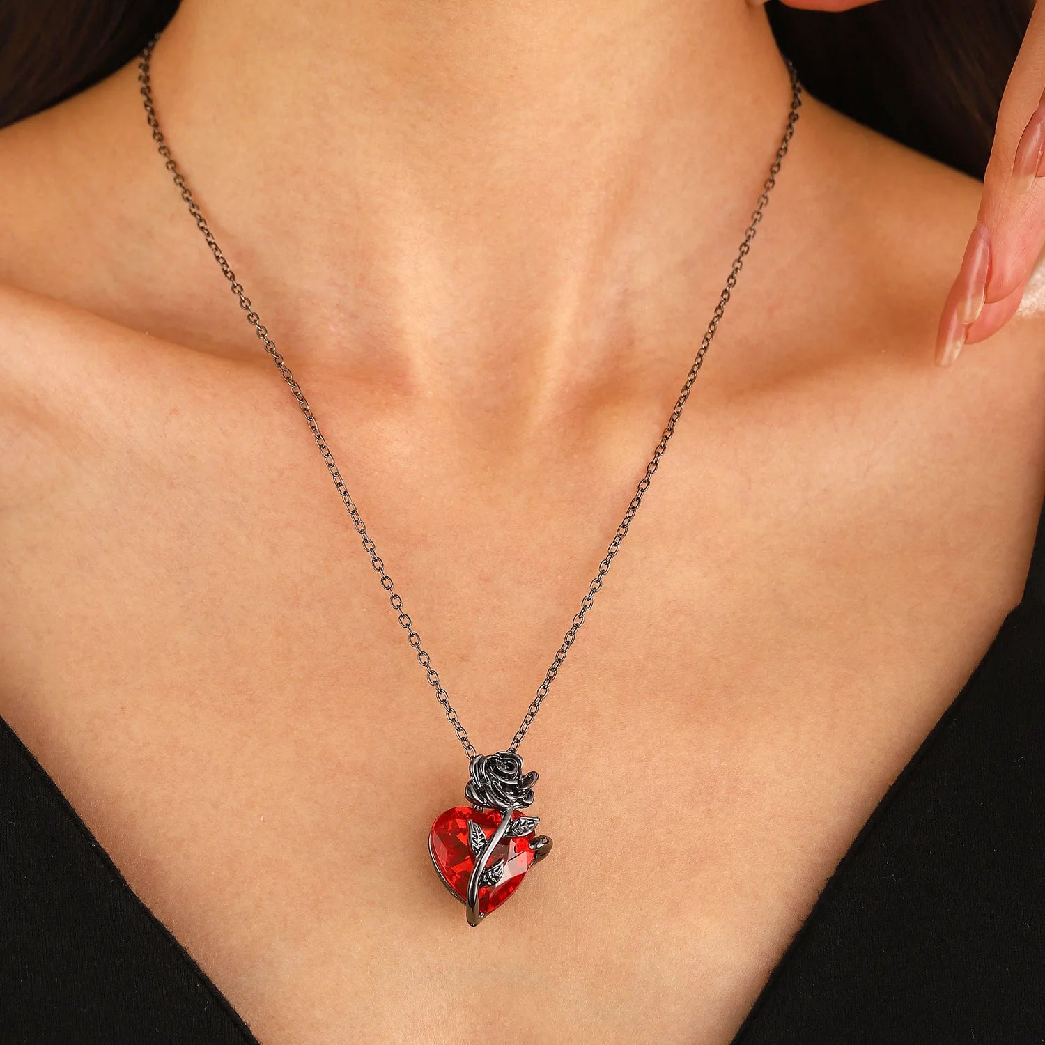 Gothic Black Rose & Red Stone Heart Pendant Necklace