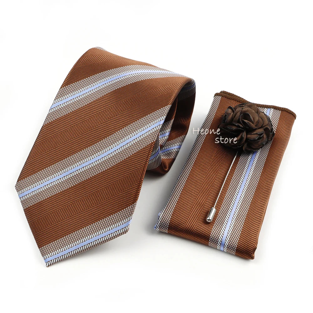 Men's Striped Necktie, Pocket Square & Brooch Set | Groom & Groomsmen Wedding Accessory