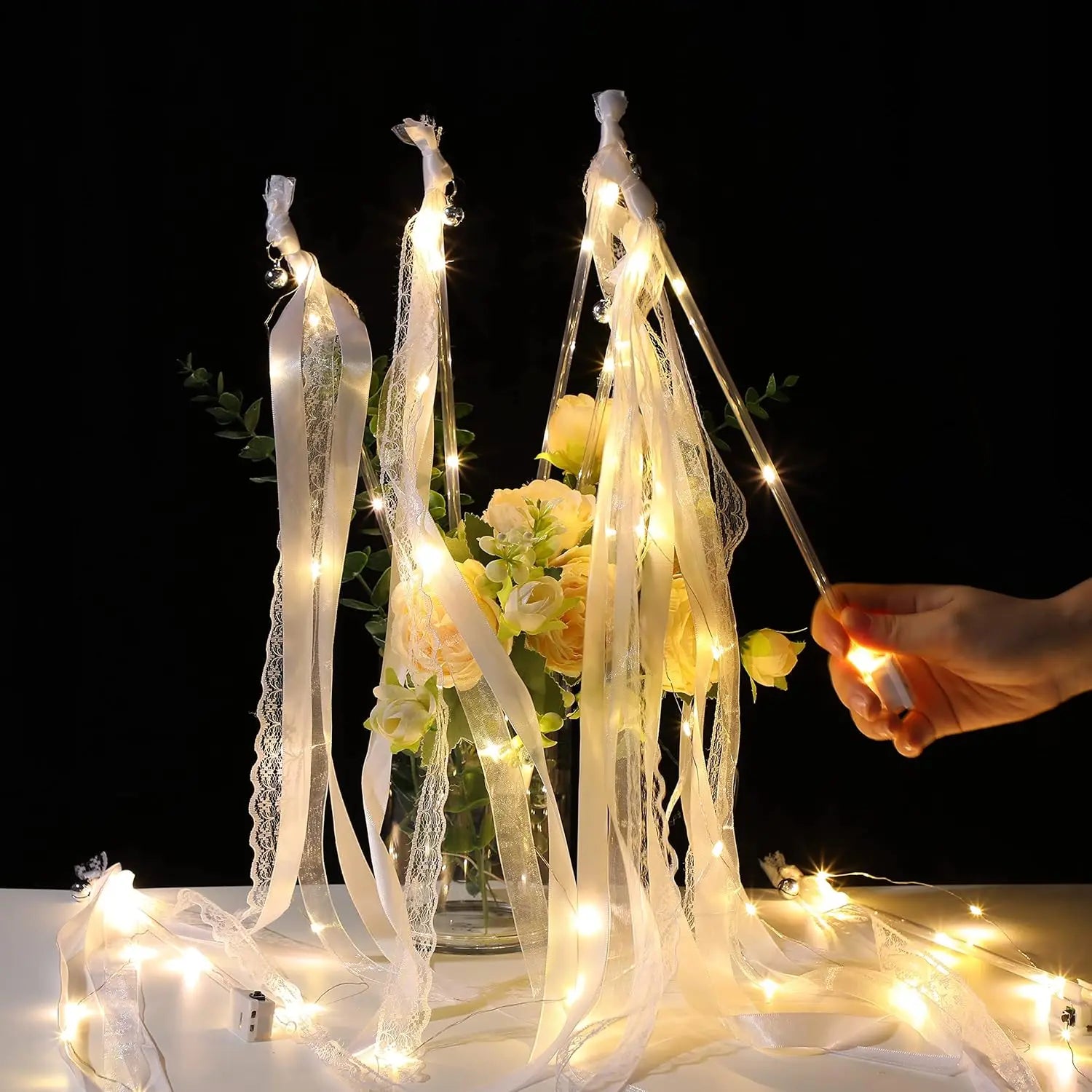 20-60Pcs Light up Wedding Wands LED Ribbon Wands Sparklers with Bells, Wedding Exit Send Off, Dance Floor Props, Wedding Favors