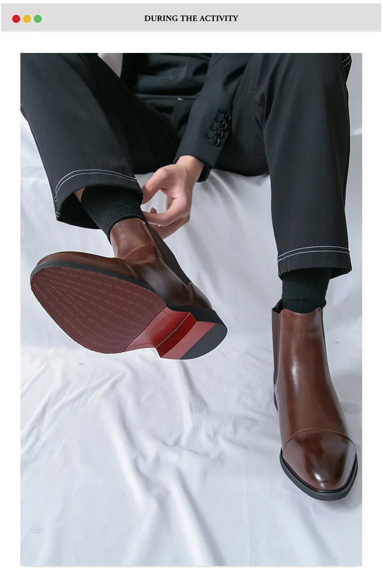 Bottes Cheville Homme Affaires Semelle Rouge Bout Pointu Bottines Habillées Britanniques Chaussures Hautes en Cuir Décontractées Chelsea Homme à Enfiler