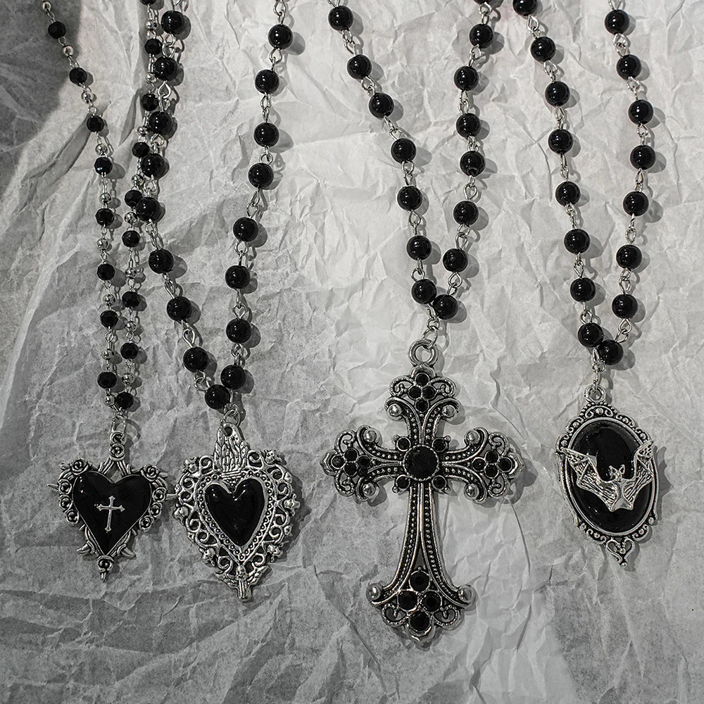 Gothic Bat & Cross Stacked Necklace Set — Y2K Dark Style