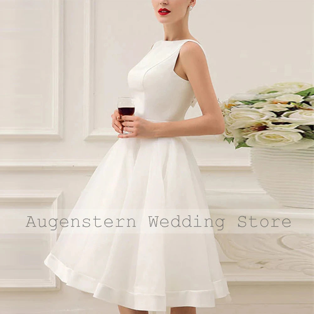 Ivory Satin A-Line Wedding Dress | Boat Neck Sleeveless Bridal Gown with Bow