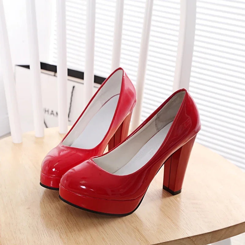 Chaussures à talons hauts pour femmes, chaussures de mariage blanches, talons épais de 10 cm, escarpins de soirée mode, chaussures noires rouges à bout rond Zapatos De Mujer