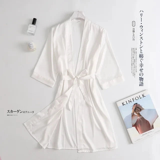 Peignoir de mariée blanc pour femme, robe de chambre matinale, manches 3/4, chemise de nuit ample, peignoir kimono en satin de soie, lingerie