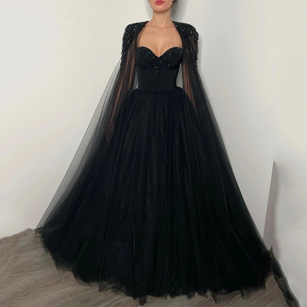 Robe de mariée gothique de haute qualité avec perles, cape amovible, bustier cœur, perles personnalisées, traîne, tulle, robe de mariée noire