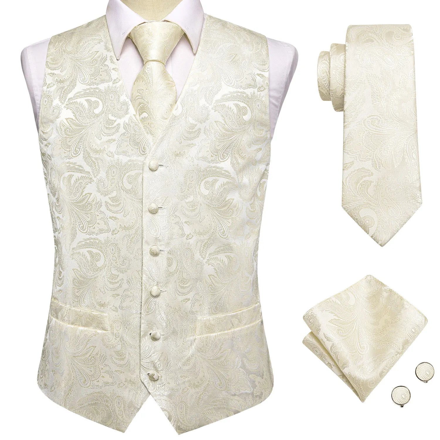 Gilets de costume en soie Hi-Tie pour homme, 4 pièces, tissés, vert sauge uni, gilet, cravate, pochette, boutons de manchette, pour affaires, mariage, robe, veste de taille