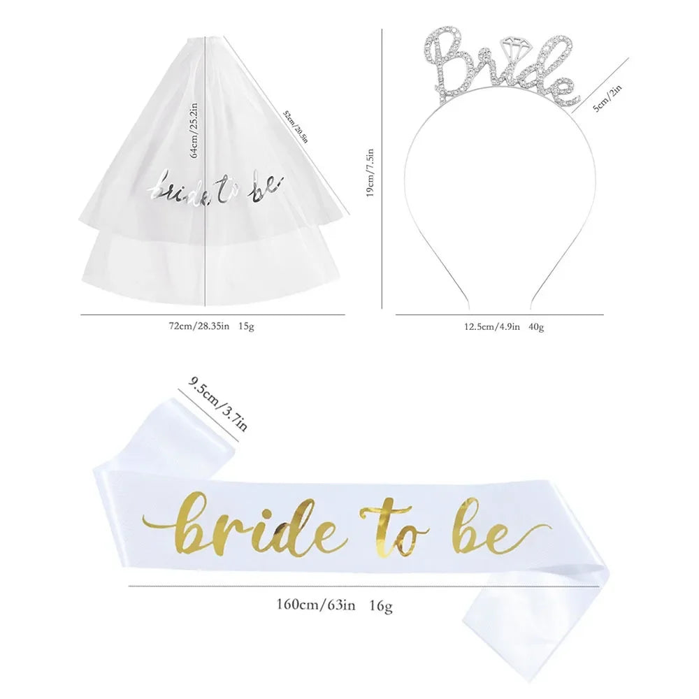 Ensemble de 3 accessoires de fête de mariage pour mariée avec écharpe, diadème et voile pour les décorations de fête prénuptiale et d'enterrement de vie de jeune fille