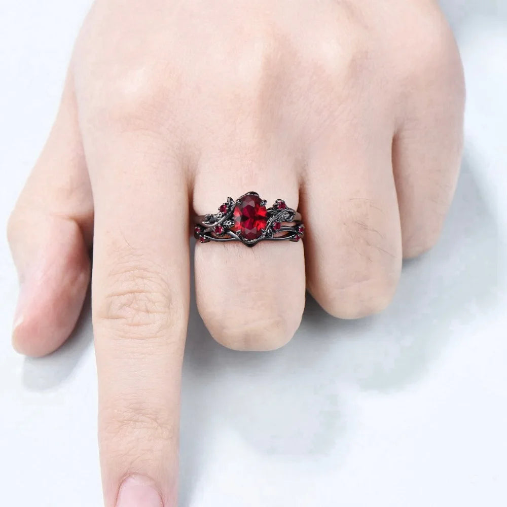 Bague gothique rétro en forme de fleur de rose noire avec branches croisées et cristal rouge, pour femme et homme, bijou de couple, cadeau