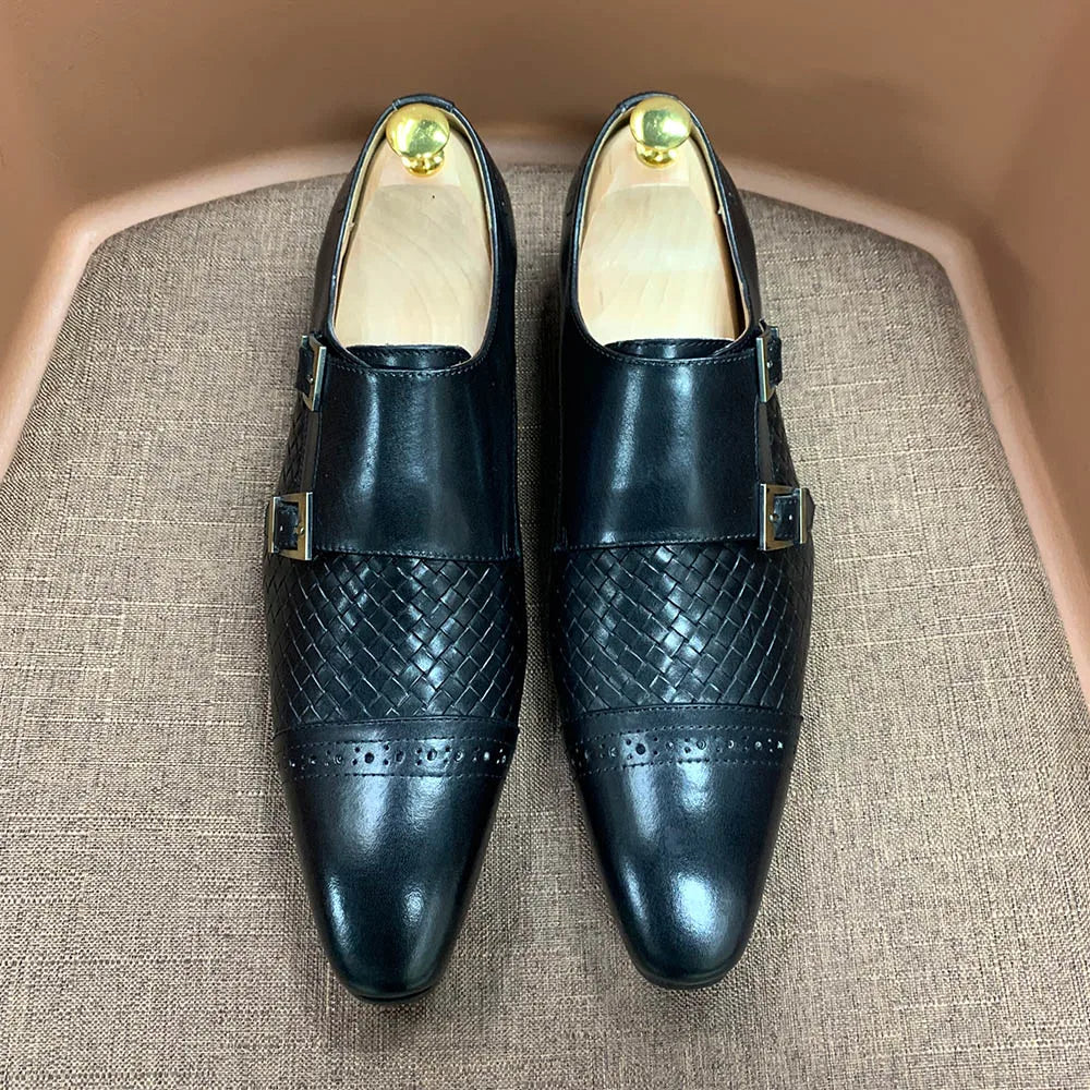 Classic Mens Dress Shoes Genuine Leather Double Buckle Monk Strap Cap Toe Blue Black Wedding Business Formal Suit Shoes for Men