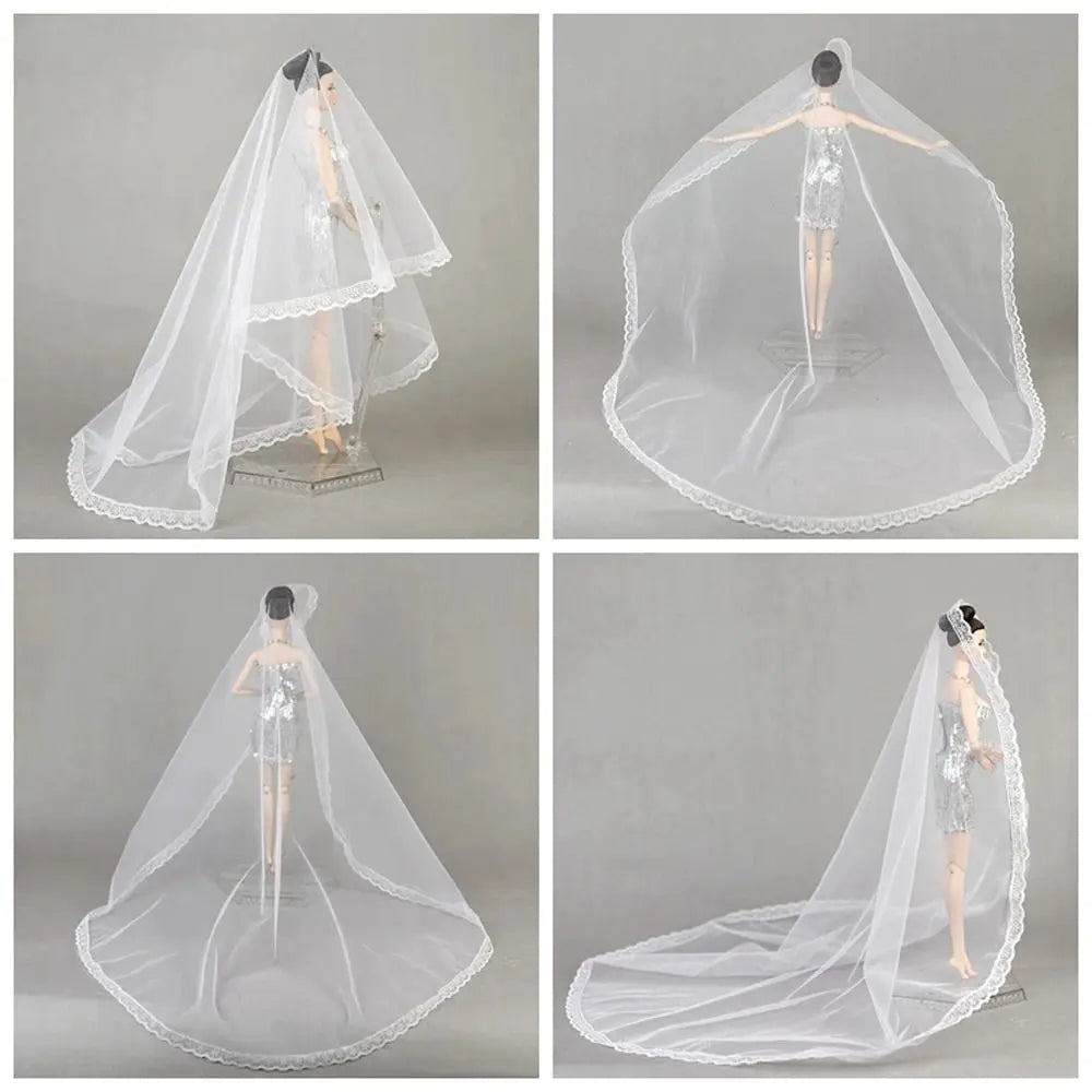 Voile de mode pour chapeau, voile de mariée, coiffe, voile de dentelle, long voile de mariage blanc 1/6 BJD