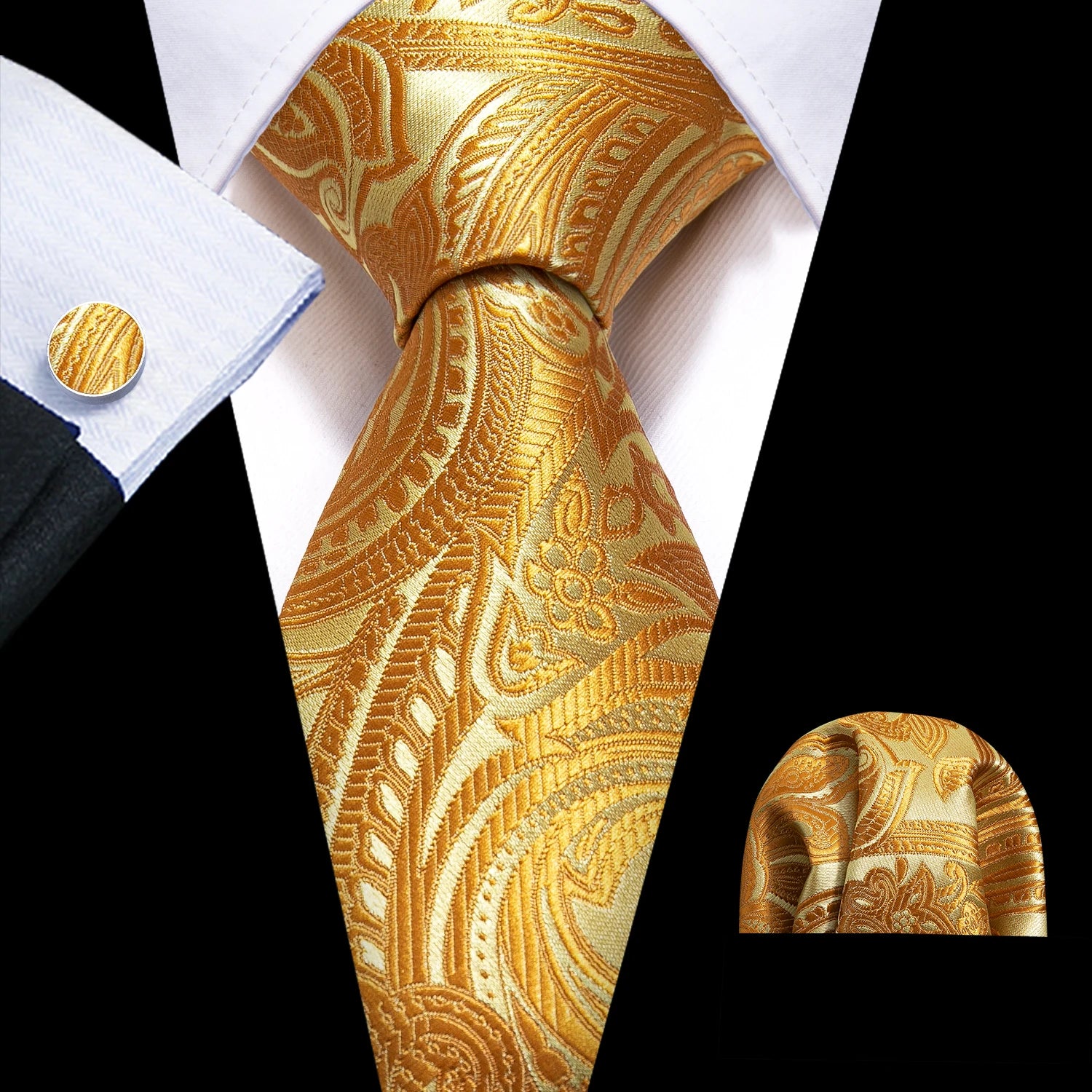 Barry.Wang Cravate Jacquard Or et Jaune pour Homme avec Mouchoir de Poche et Boutons de Manchette, Cravate Exquise pour Mariage et Affaires
