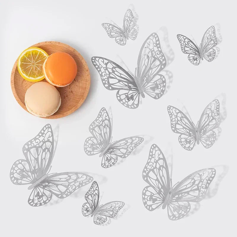 48pcs Gold Silver Hollow Butterfly Wall Stickers 3D Butterflies Bedroom Living Room Home Decoration Applique Wedding Decor