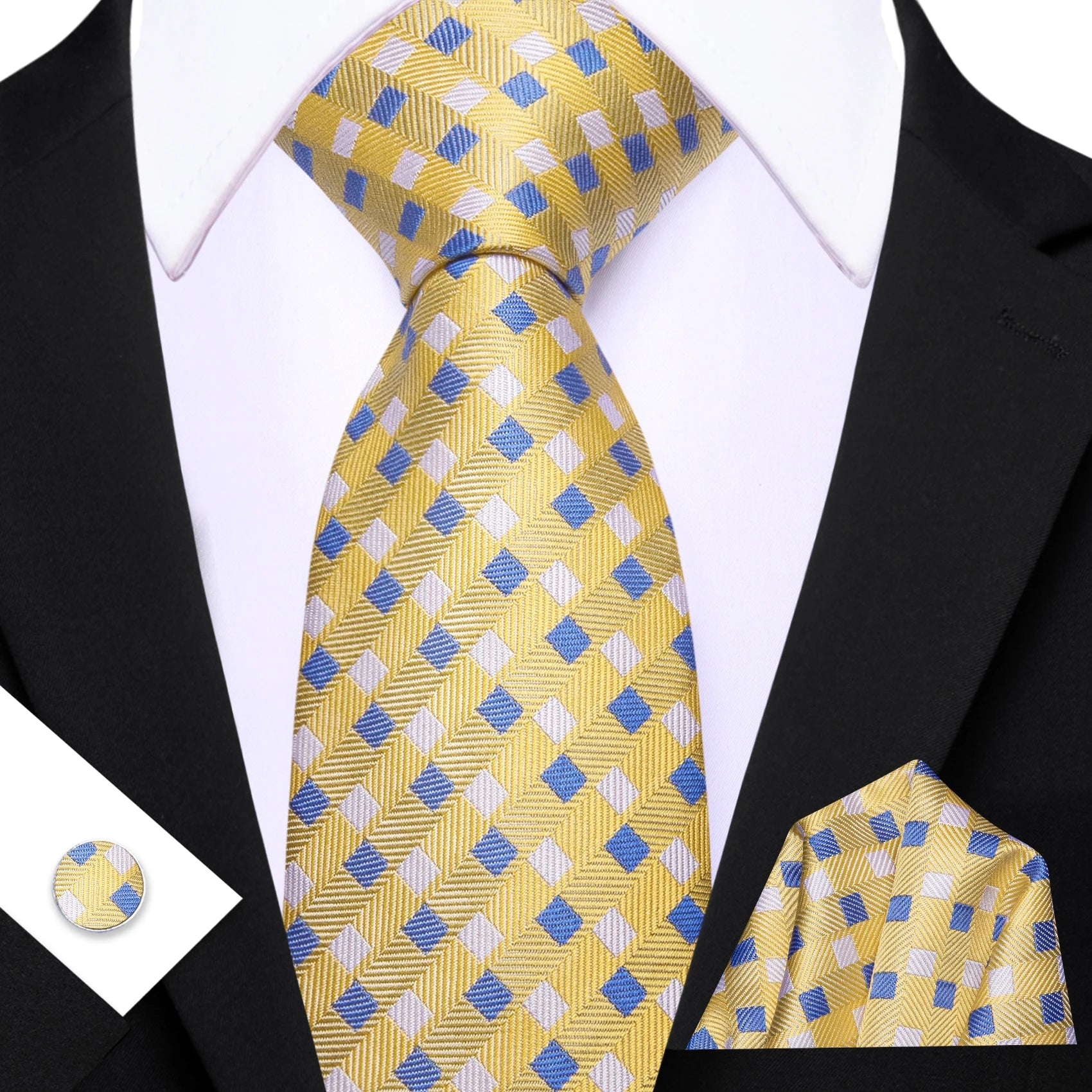 Barry.Wang Cravate Jacquard Or et Jaune pour Homme avec Mouchoir de Poche et Boutons de Manchette, Cravate Exquise pour Mariage et Affaires