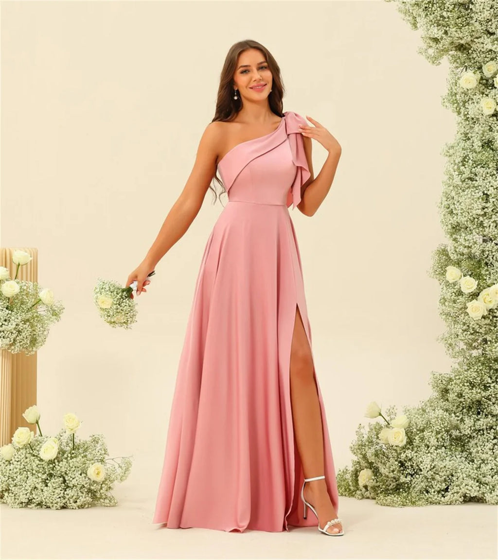 Elegant Satin Bow One-Shoulder Bridesmaid Dresses A-line Slit Backless Solid Simple Guest Ball Gowns Lace Up Wedding Prom Dress