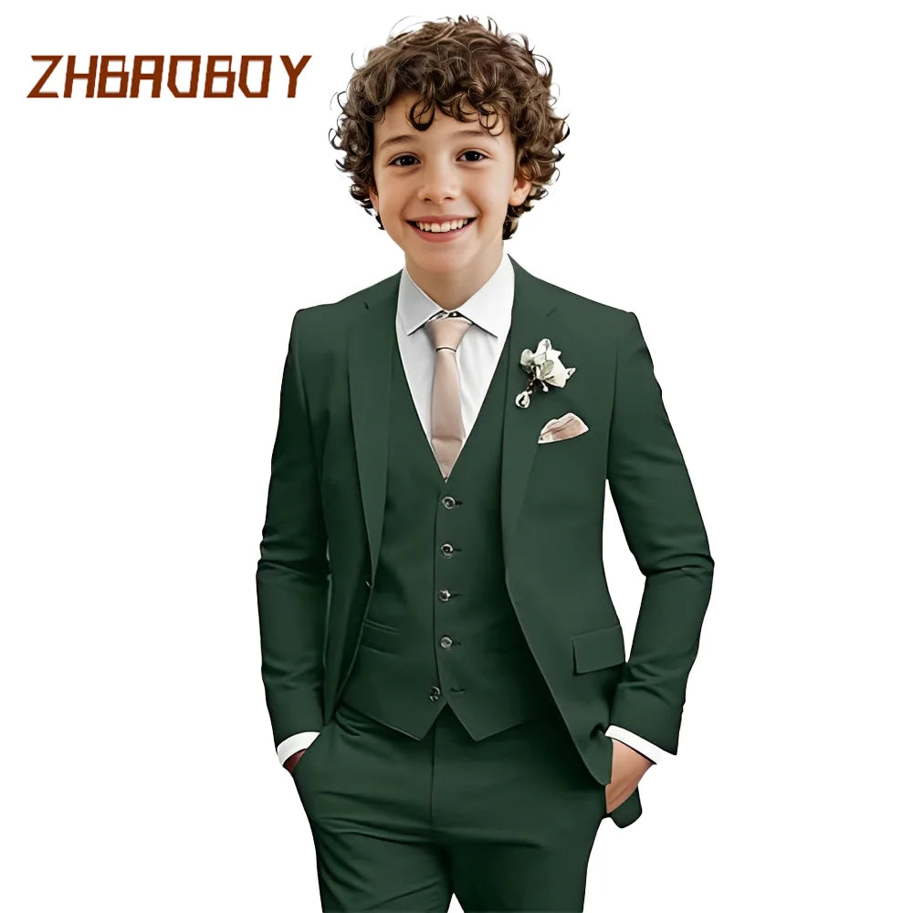 Costume Garçon 3 Pièces Coupe Slim Smoking Enfant Tenue de Mariage Formelle Ensemble Blazer Gilet Pantalon