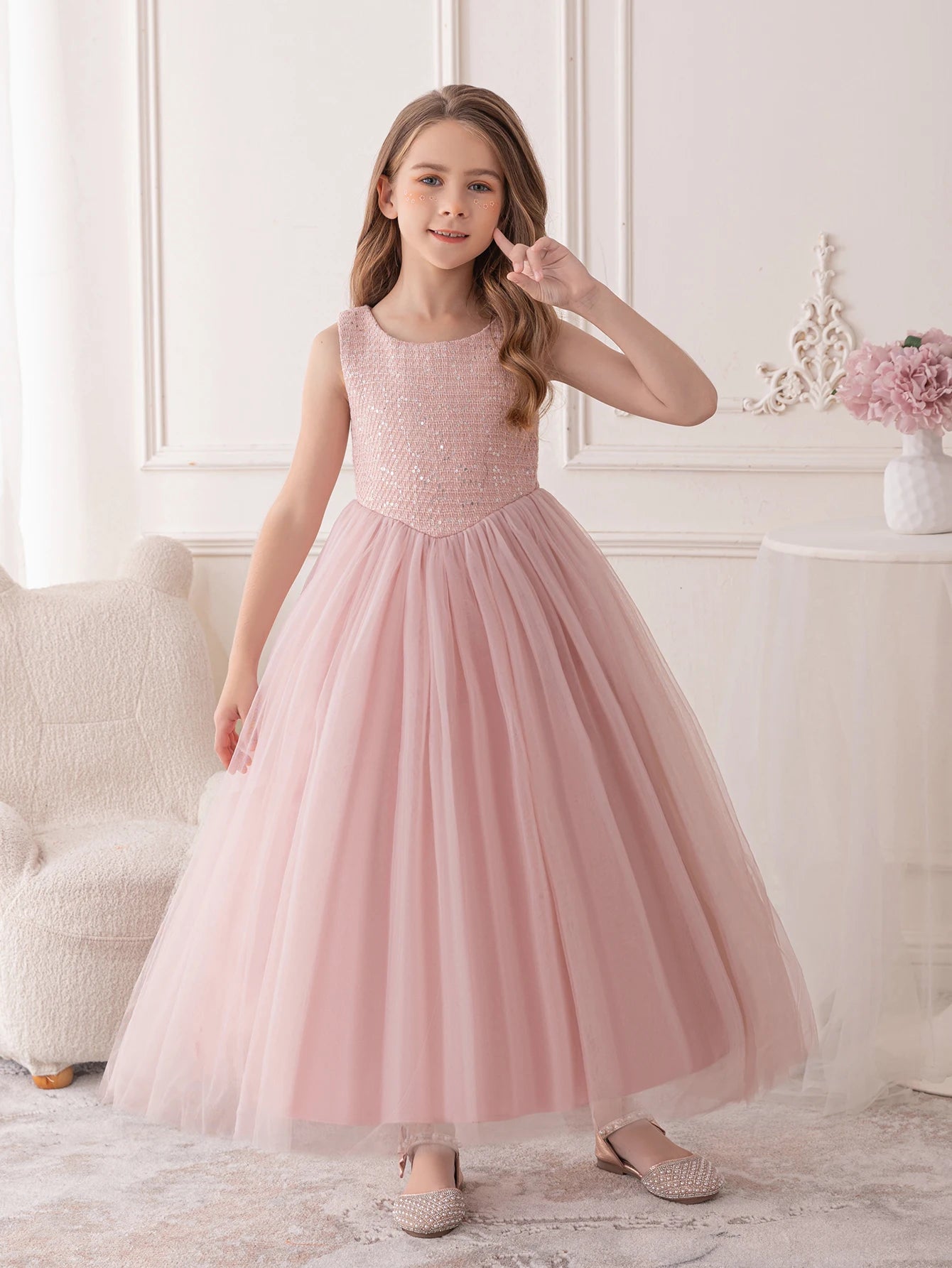 Robe Rose pour Fille, Robe de Demoiselle d'honneur, en Gaze avec Paillettes, Longue Robe de Soirée pour Anniversaire, Robe de Princesse