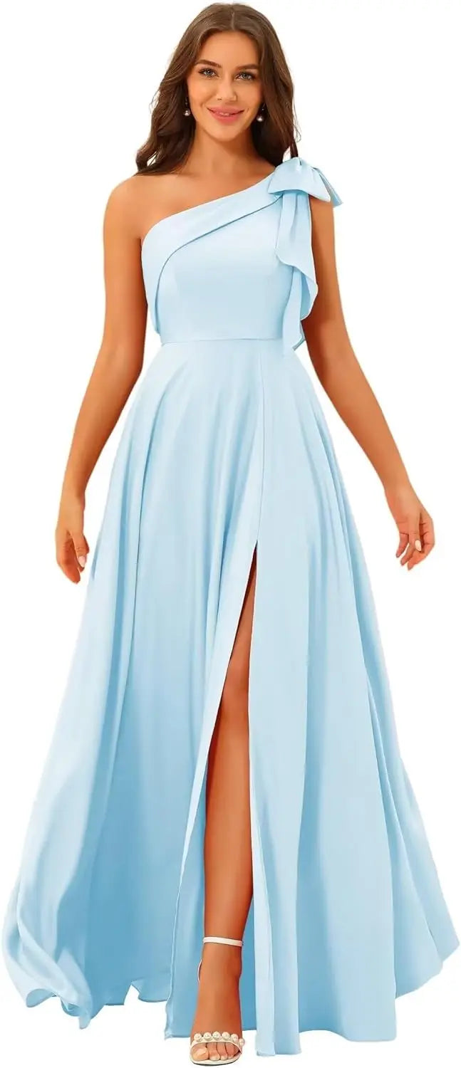 Robe de demoiselle d'honneur élégante en satin à nœud et à épaule dénudée, coupe trapèze fendue, dos nu, couleur unie, simple, pour invités, robe de bal, laçage, robe de soirée de mariage