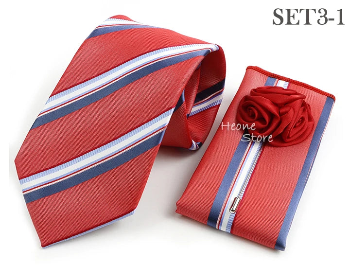 Men's Striped Necktie, Pocket Square & Brooch Set | Groom & Groomsmen Wedding Accessory