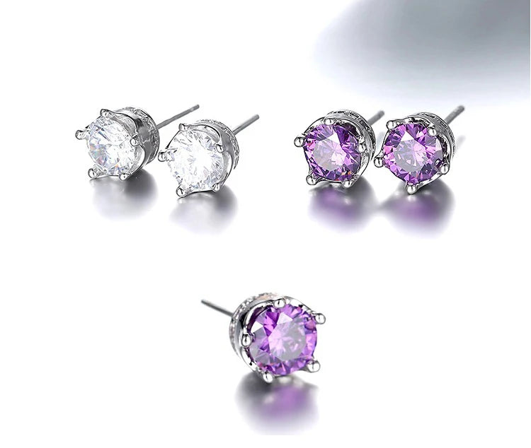 Natural Amethyst Crown Stud Earrings — 925 Sterling Silver