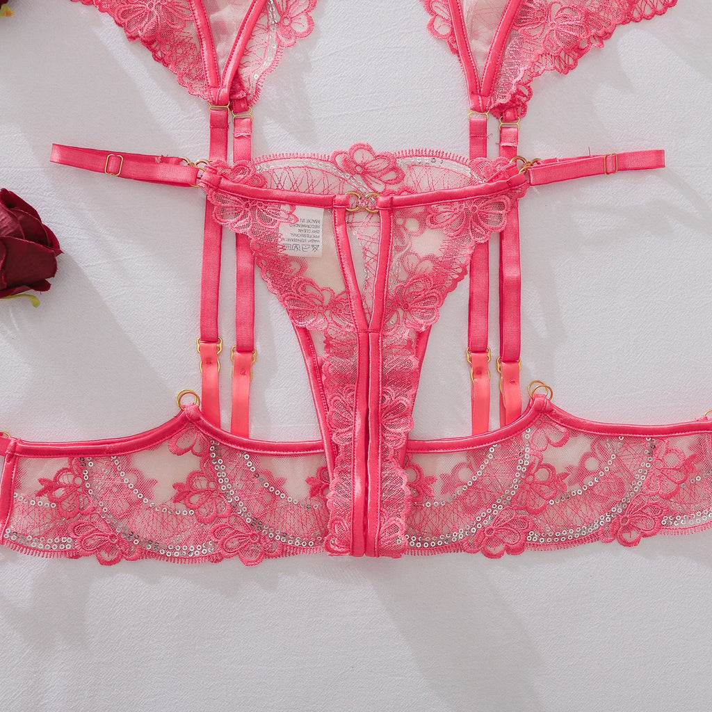 MUZISKAT2026 Ensemble de lingerie trois pièces haut de gamme français en dentelle transparente évidée, dos nu, ajusté et sexy