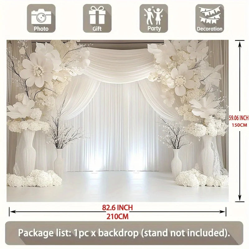 Elegant White Floral Wedding Backdrop Banner with Curtains