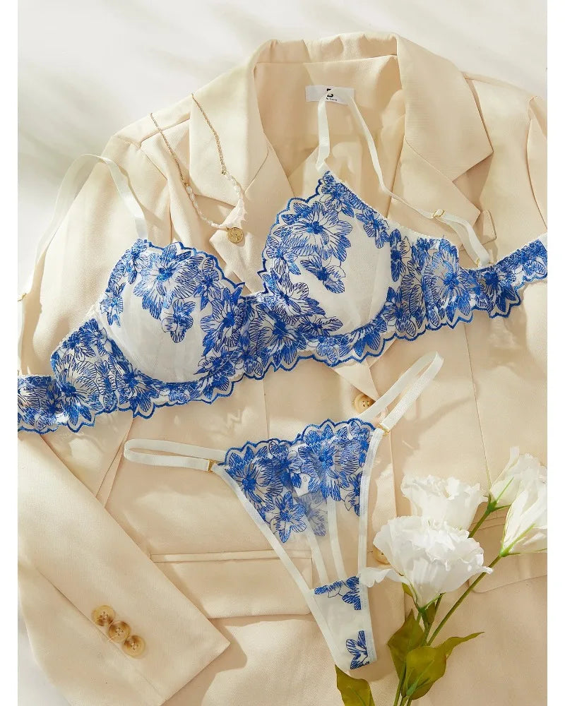 Toucheart Ensemble de Lingerie Sexy Bleu Confortable pour Femme Simple Sexy Perspective Dentelle Pure Lingerie de Désir