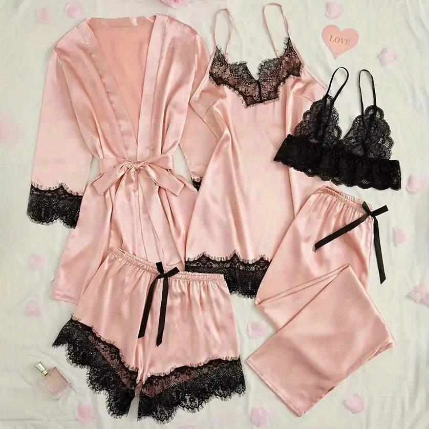Ensemble de pyjama en satin pour femme, rose, lingerie sexy, robe de chambre, patchwork en dentelle, nuisette en soie, pantalon, vêtements de nuit pour la maison