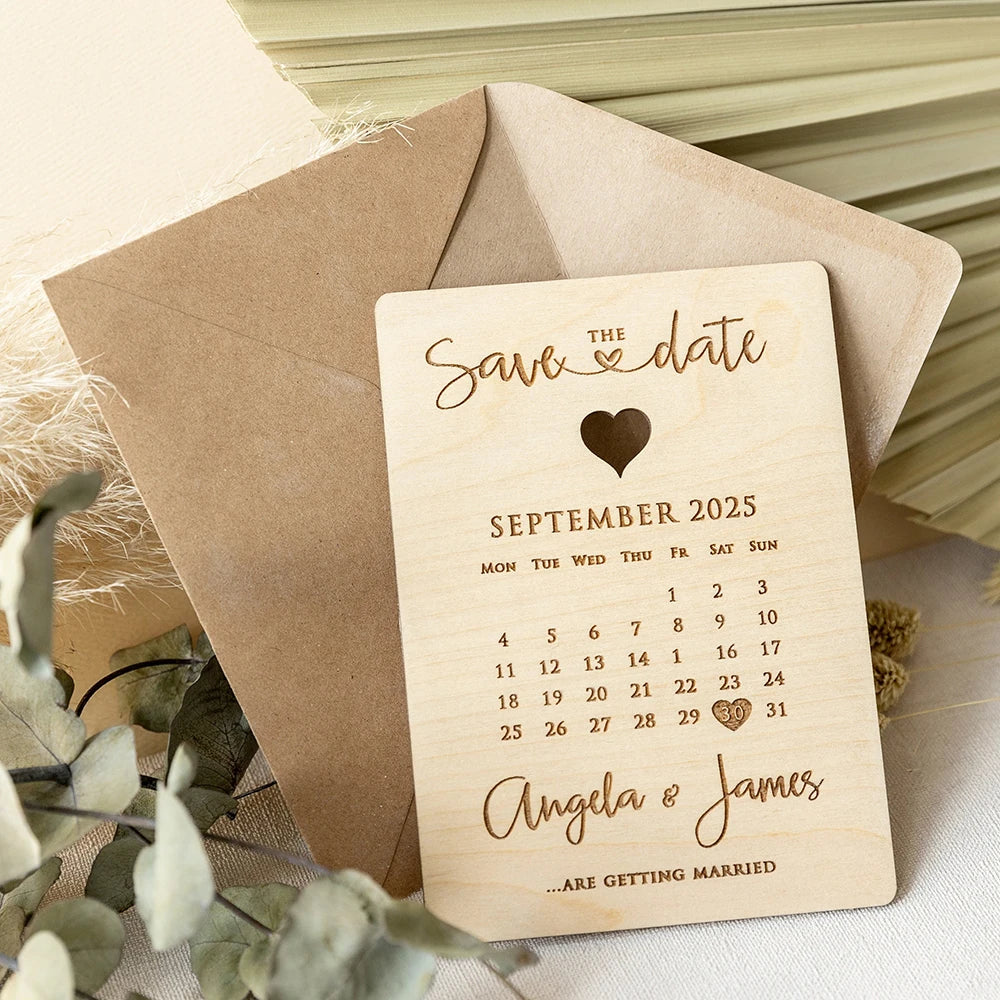Faire-part de mariage personnalisé en bois/acrylique découpé au laser avec calendrier gravé et enveloppe écologique