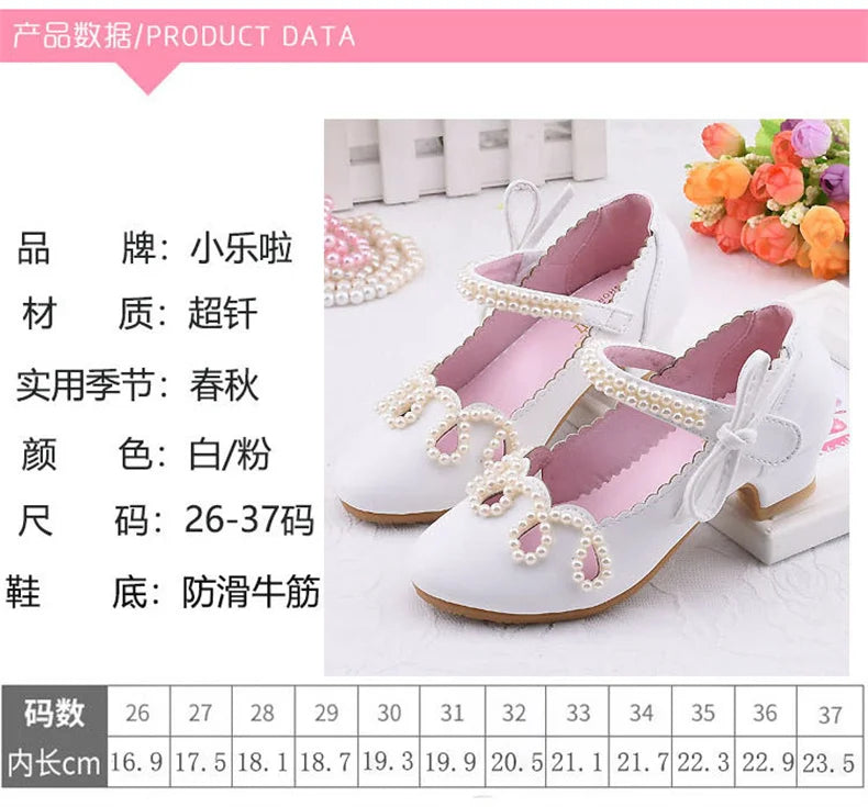 Nouvelles chaussures à talons hauts de princesse pour enfants, chaussures en cuir pour robe de mariée de fille, chaussures blanches pour enfants, chaussures de performance pour étudiants