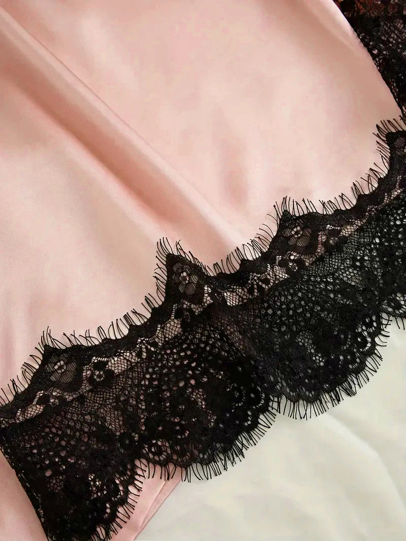 Ensemble de pyjama en satin pour femme, rose, lingerie sexy, robe de chambre, patchwork en dentelle, nuisette en soie, pantalon, vêtements de nuit pour la maison