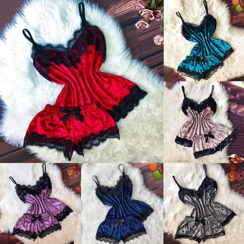 Ensemble Pyjama Velours Automne Hiver Femme Lingerie Sexy Vêtements de Nuit Mignon Débardeur et Short Ensembles Pyjama Loungewear