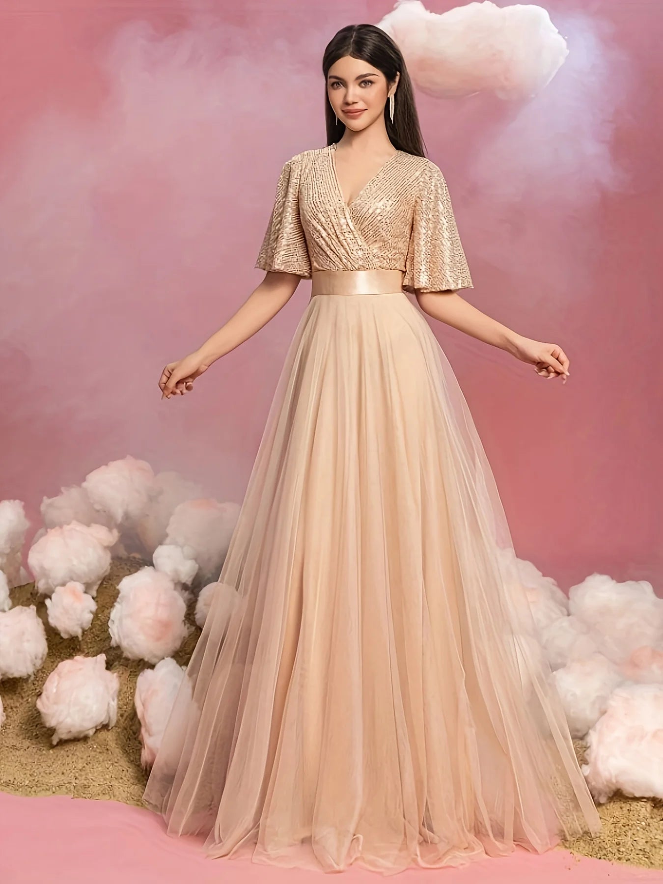 Elegant Women's Evening Gown with Flared Short Sleeves - Ideal for Parties & Wedding Events