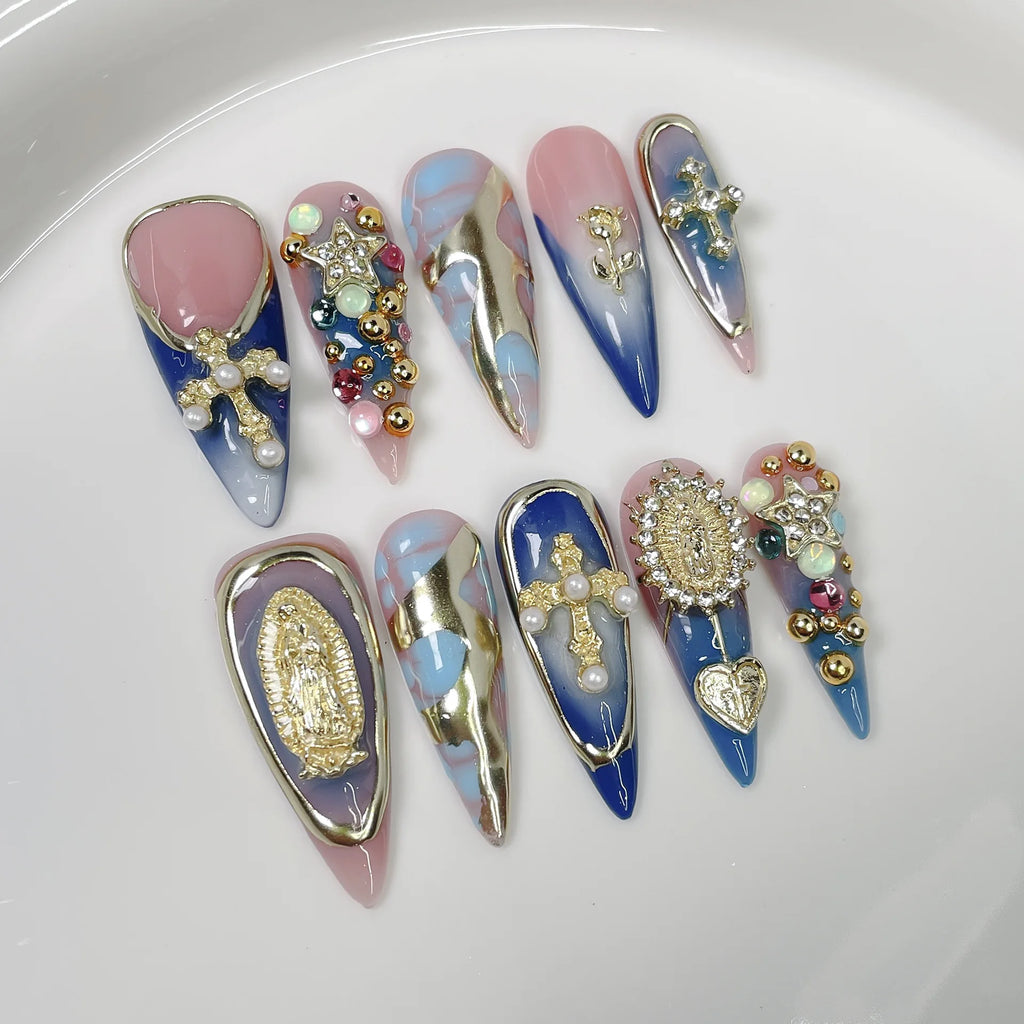 Gothic - Style Press On Nails With 3D Metal Cross Rhinestones Pearls Gradient Pink Blue With Gold Metal Decorations For Special
