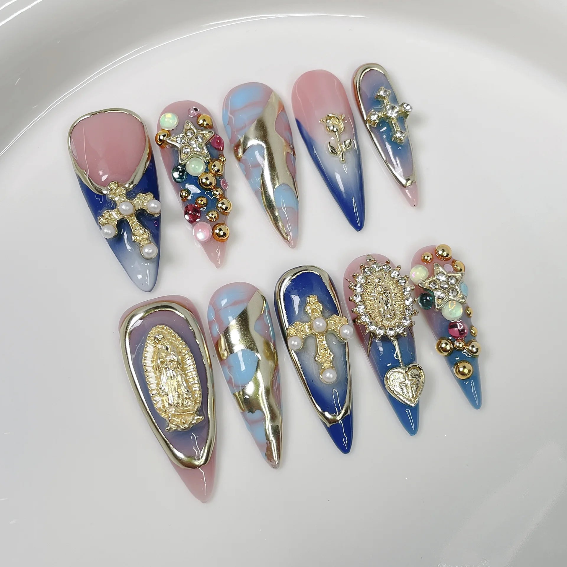 Gothic - Style Press On Nails With 3D Metal Cross Rhinestones Pearls Gradient Pink Blue With Gold Metal Decorations For Special