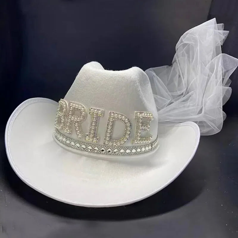 Bride Cowboy Veil Hat Country Western Barn Space Disco Wedding Cowgirl Bach Bachelorette Hen Party Bridal Shower Decoration Gift