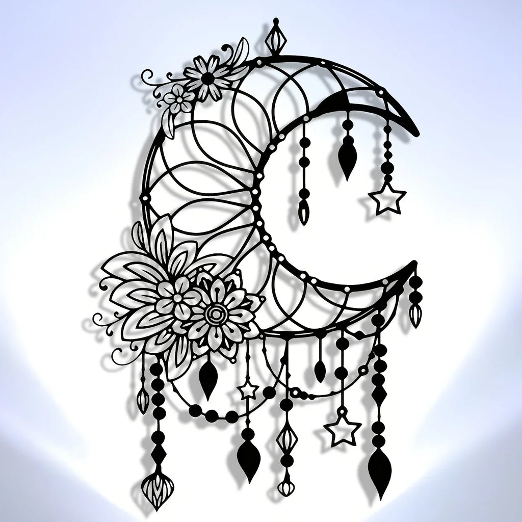 Elegant Gothic Moon & Flower Metal Wall Art Modern Craft Hanging Ornament for Living Room Decor