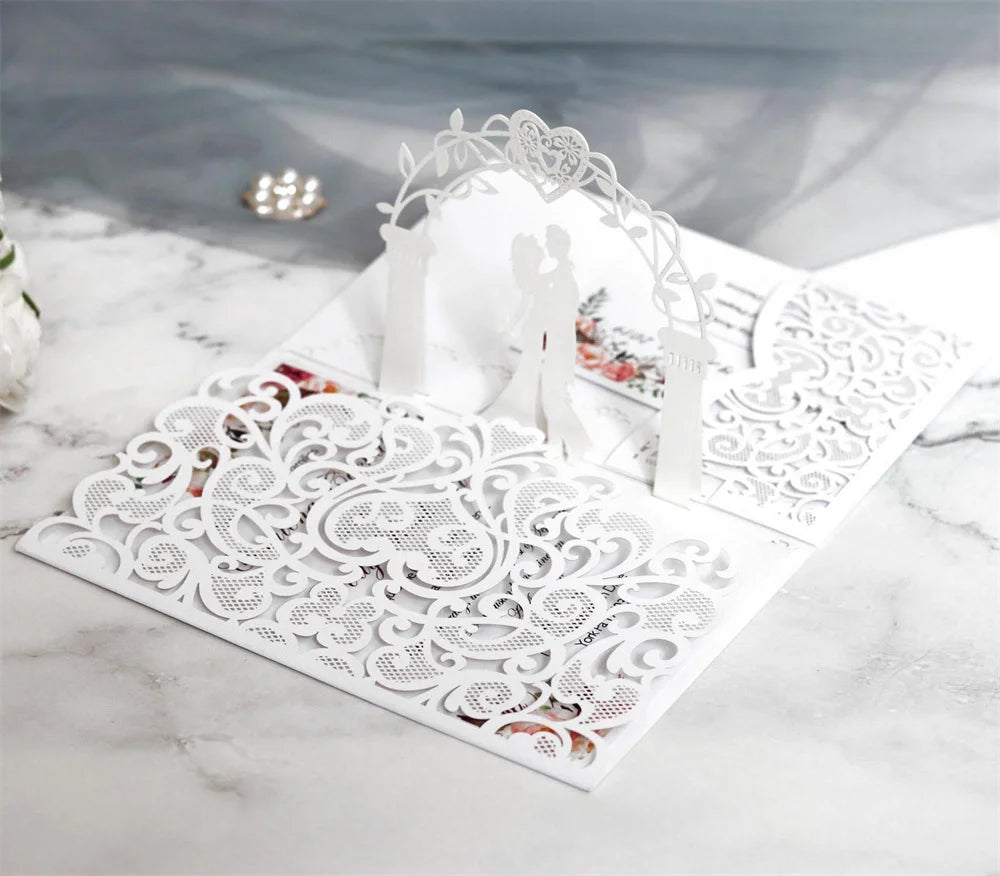 6 Pièces/Lot 3D Pop Up Mariés Ivoire Carte d'invitation de mariage Laser Poche Florale Douche nuptiale Invitations de fiançailles