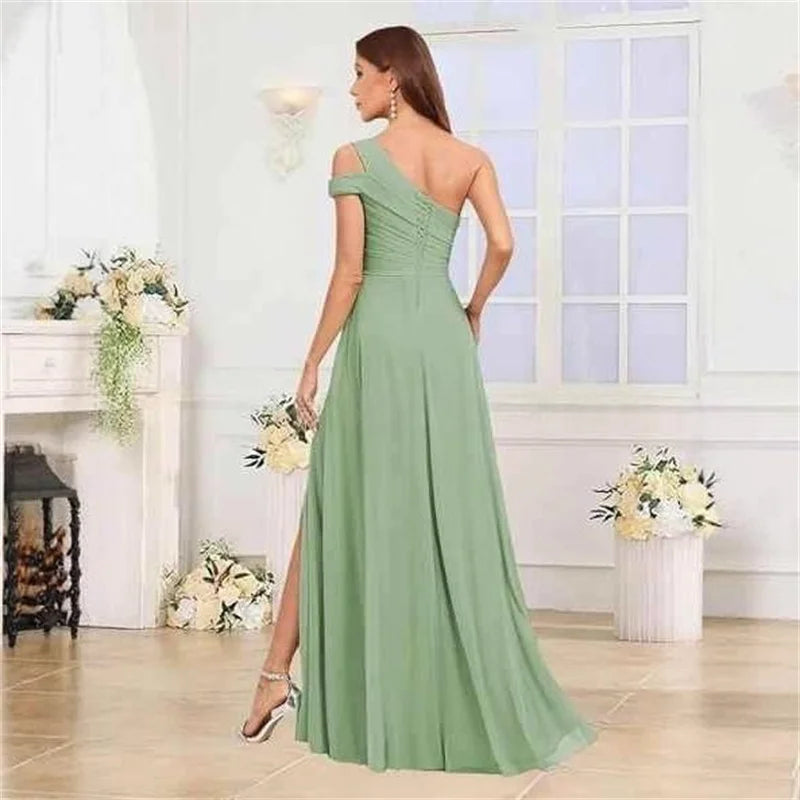 Robe de Demoiselle d'honneur en Mousseline Coupe Droite, Épaule Dénudée, Fendue, Plissée, Élégante pour Mariage, Soirée ou Bal, Dos Lacé