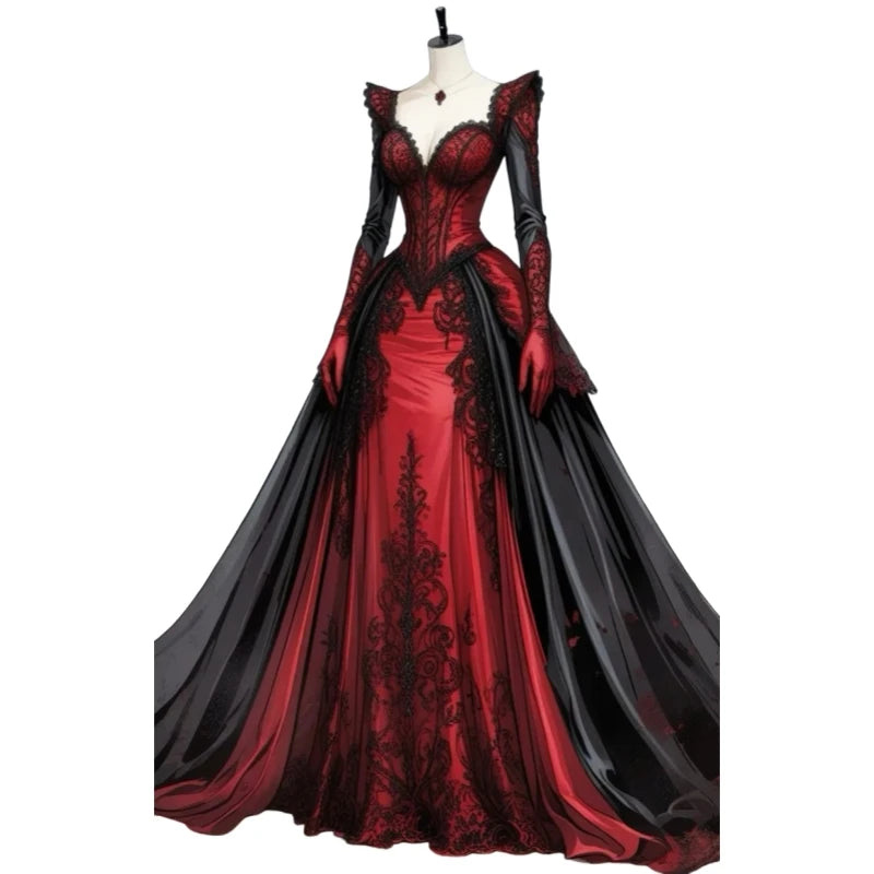 Robe de mariée gothique vampire à manches longues, avec appliques de dentelle, coupe trapèze, longue, vintage victorienne, corset de mariée personnalisé