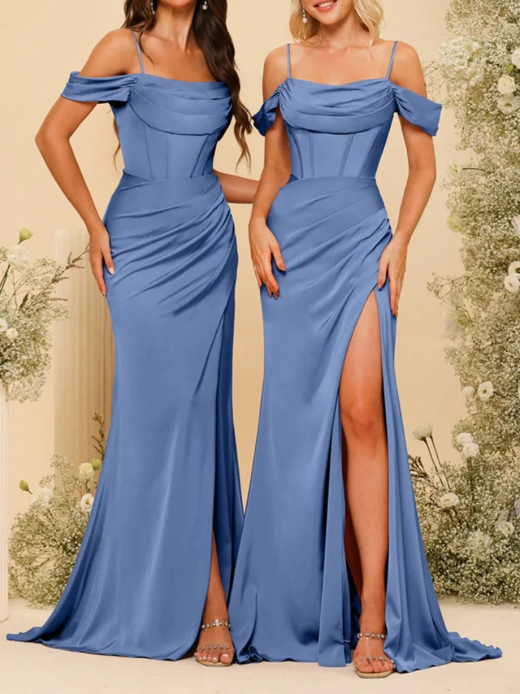 Robes longues de demoiselle d'honneur en satin à fines bretelles, épaules dénudées, fente latérale et drapé, robes de soirée élégantes sans dos