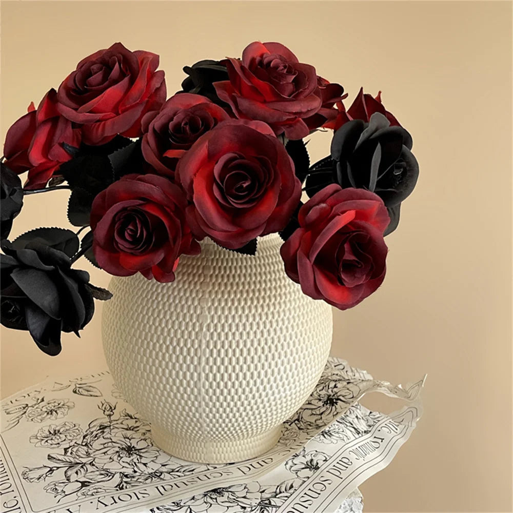 Halloween Black Artificial Rose Flowers Dark Horror Gothic Black Simulated Flower Bouquet for Home Wedding Party Halloween Decor