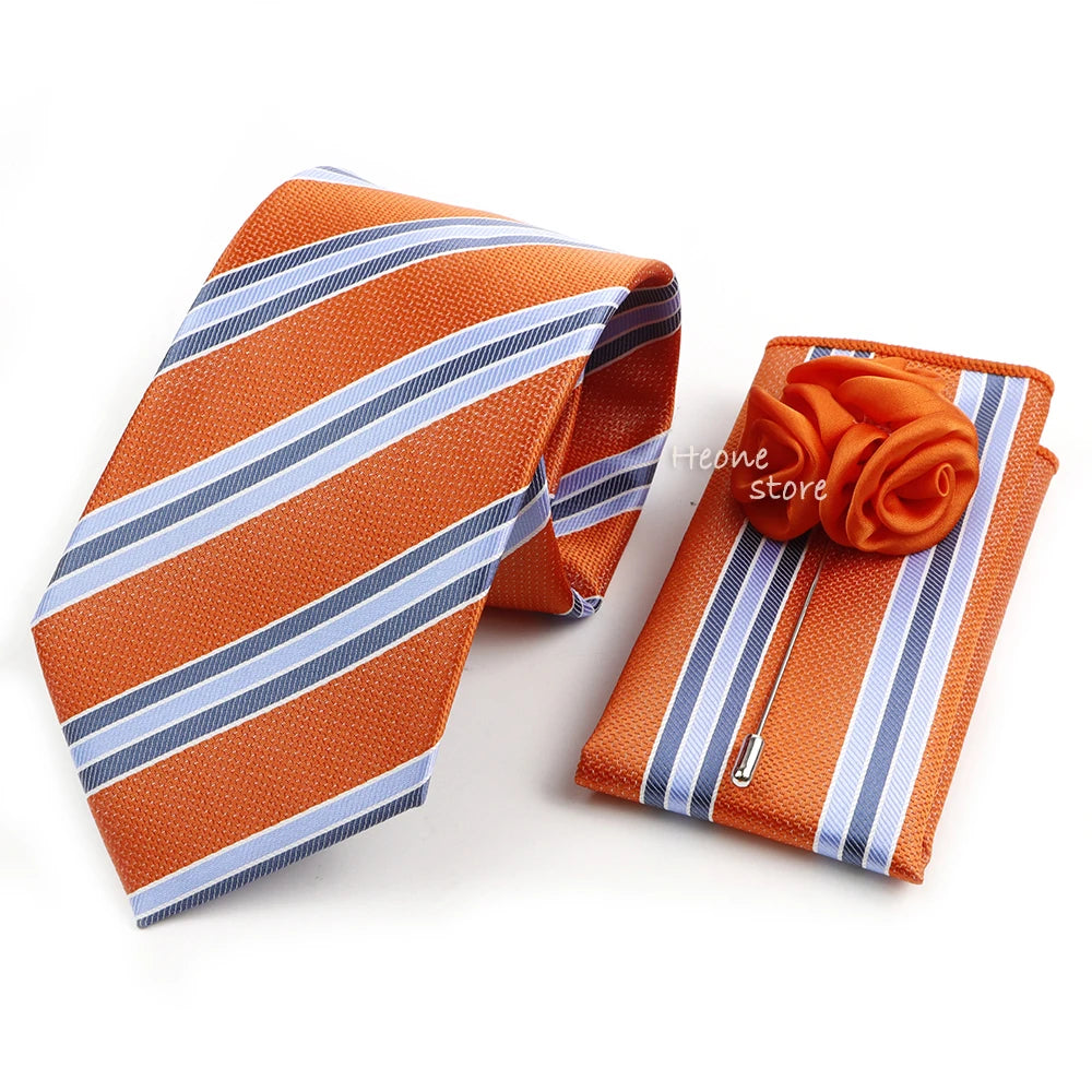Men's Striped Necktie, Pocket Square & Brooch Set | Groom & Groomsmen Wedding Accessory