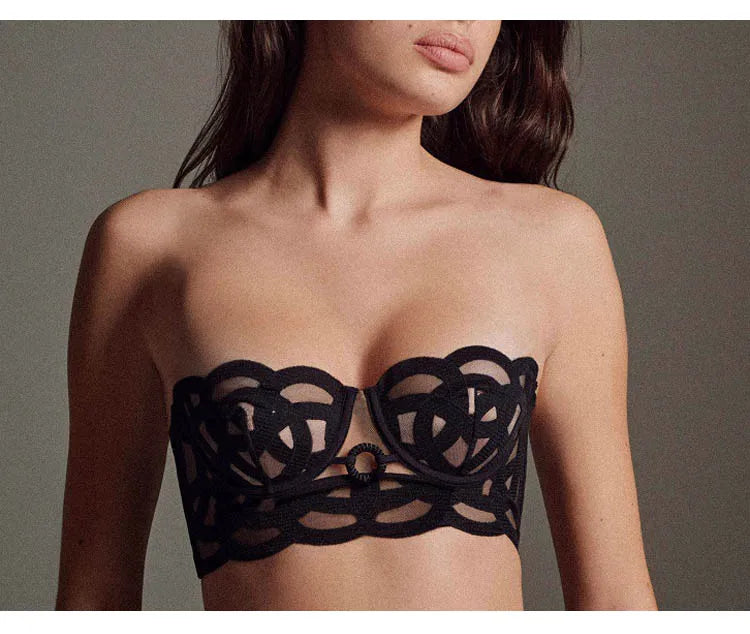 CINOON Lingerie sexy brodée pour femme Ensemble soutien-gorge push-up en dentelle fine et transparente + porte-jarretelles + string, ensemble de 3 pièces de lingerie française