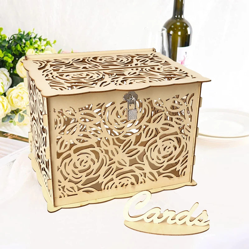 Urne de mariage en bois, grande boîte à monnaie avec serrure, boîte à cartes d'invitation de mariage pour fournitures de décoration d'anniversaire de mariage