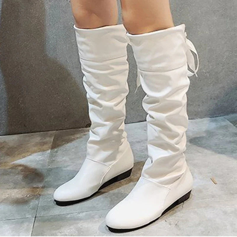 Chaussures Femme 2022 Printemps Bottes Hautes au Genou Rouge Noir Blanc Bottes Hautes Femme Plissées Talon Bas Décontracté Cuir Chaussures Longues Femme