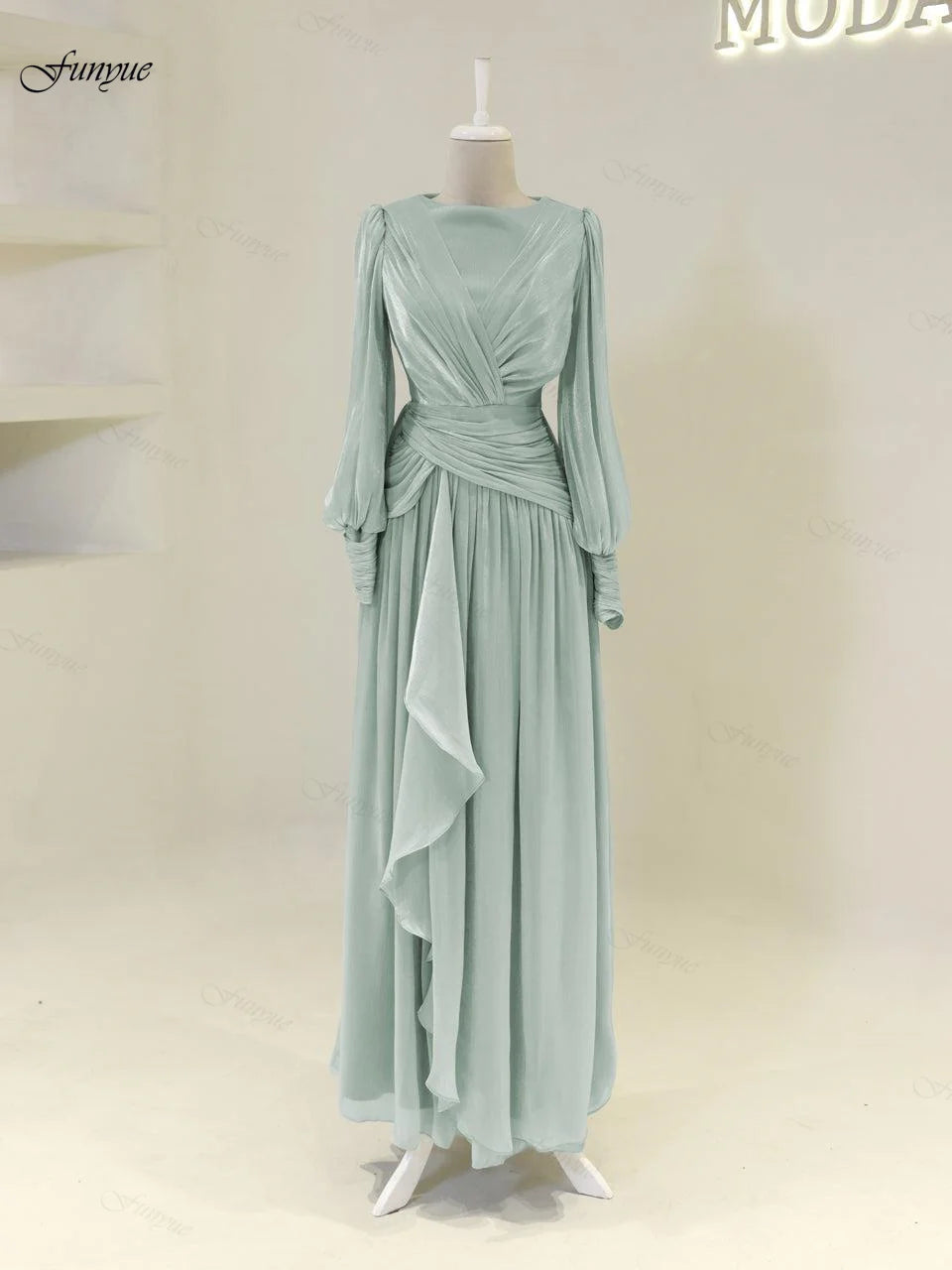 Robes de soirée musulmanes personnalisées élégantes pour femmes, en mousseline avec volants, manches longues, pour invités de mariage, robe de soirée formelle