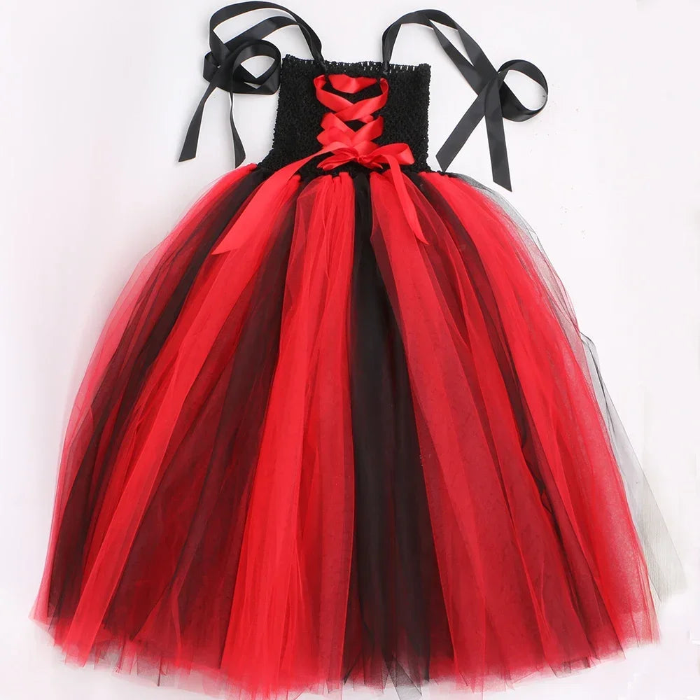 Robe Tutu en Tulle Reine Maléfique Sorcière Vampire Démon Gothique pour Filles, Robe Longue de Fête de Carnaval d'Halloween pour Enfants, Tenues de Déguisement