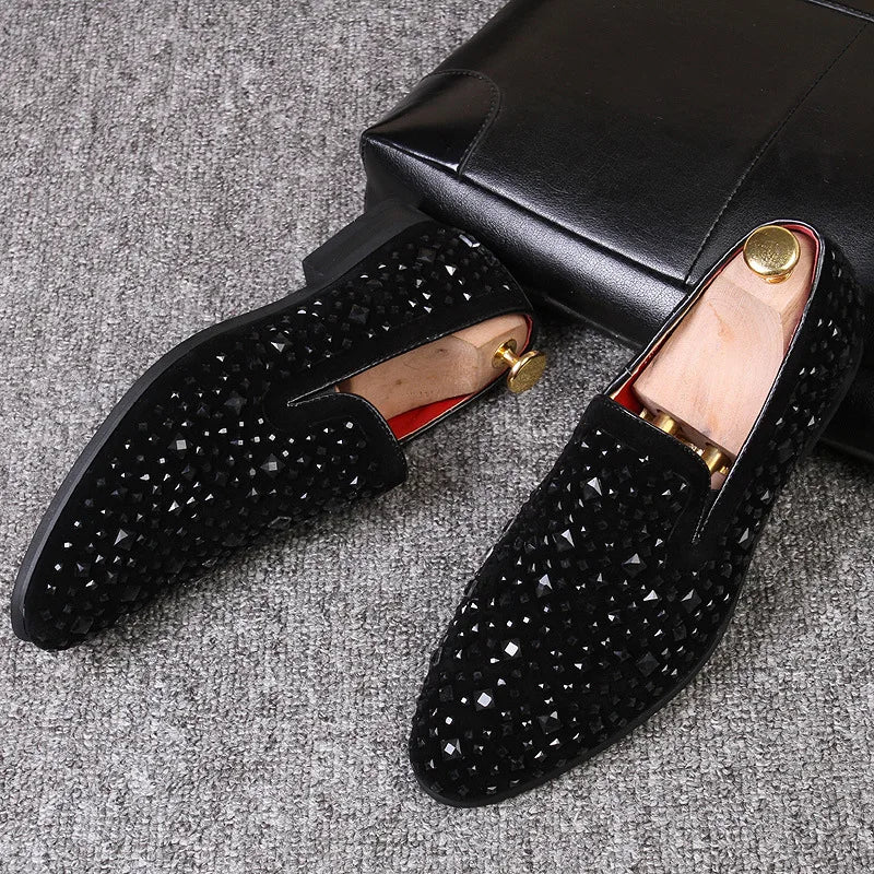 Chaussures habillées pour hommes de luxe à bout pointu, mocassins noirs, en jean, à paillettes métalliques, chaussures de mode de haute qualité pour hommes, chaussures de mariage, nouveauté