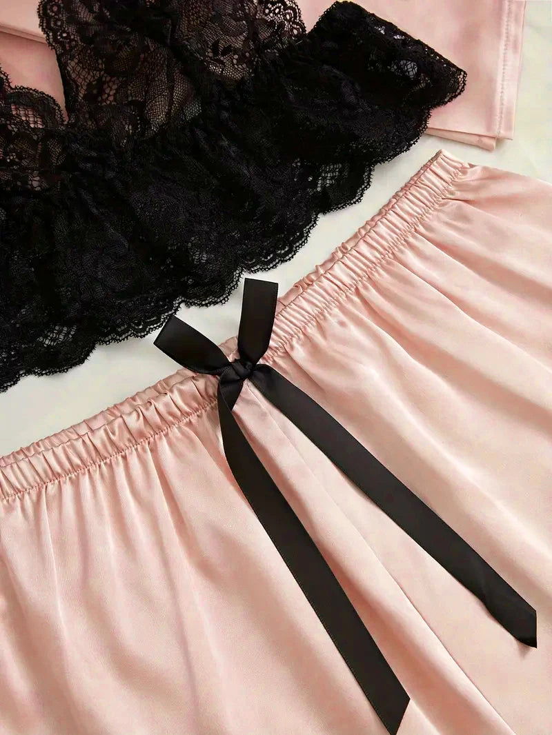 Ensemble de pyjama en satin pour femme, rose, lingerie sexy, robe de chambre, patchwork en dentelle, nuisette en soie, pantalon, vêtements de nuit pour la maison